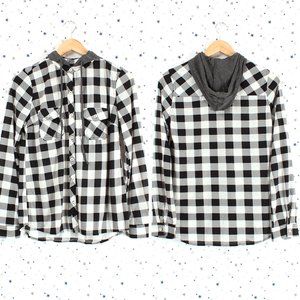 Hooded Plaid Button Up Shirt Black White